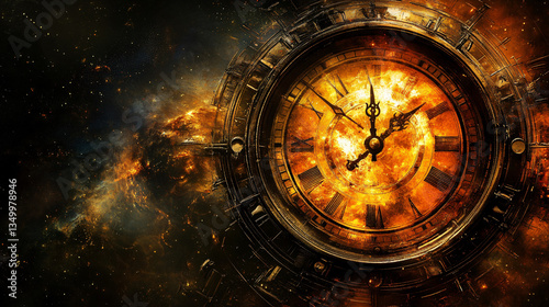 Elegant clock in the center of a cosmic scene reflecting rare gems of the universe surrounded by a beautifully dark space background.