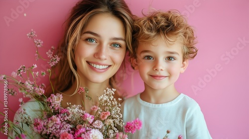 Smiling Woman and Child With Flowers Against Pink Background During Daytime