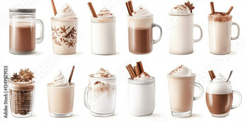 Unique watercolor hot cocoa cup icon set on white background cozy drinks collection artistic environment