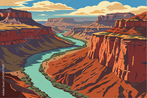 82 Grand Canyon panorama, winding turquoise river, towering red rock formations, steep canyon walls, layered geological strata, vibrant desert landscape, expansive blue sky, aerial perspective, dramat