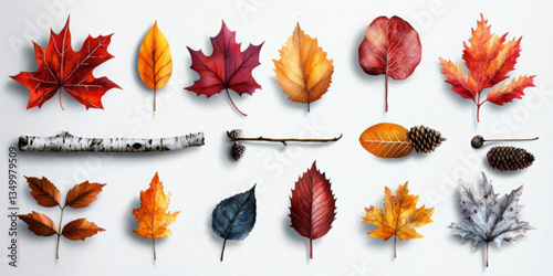 Unique watercolor autumn leaves icon set on white background nature elements creative design