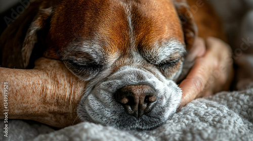 A serene dog sleeping comfortably on a blanket while undergoing recovery strategies for breed-specific surgeries and care.