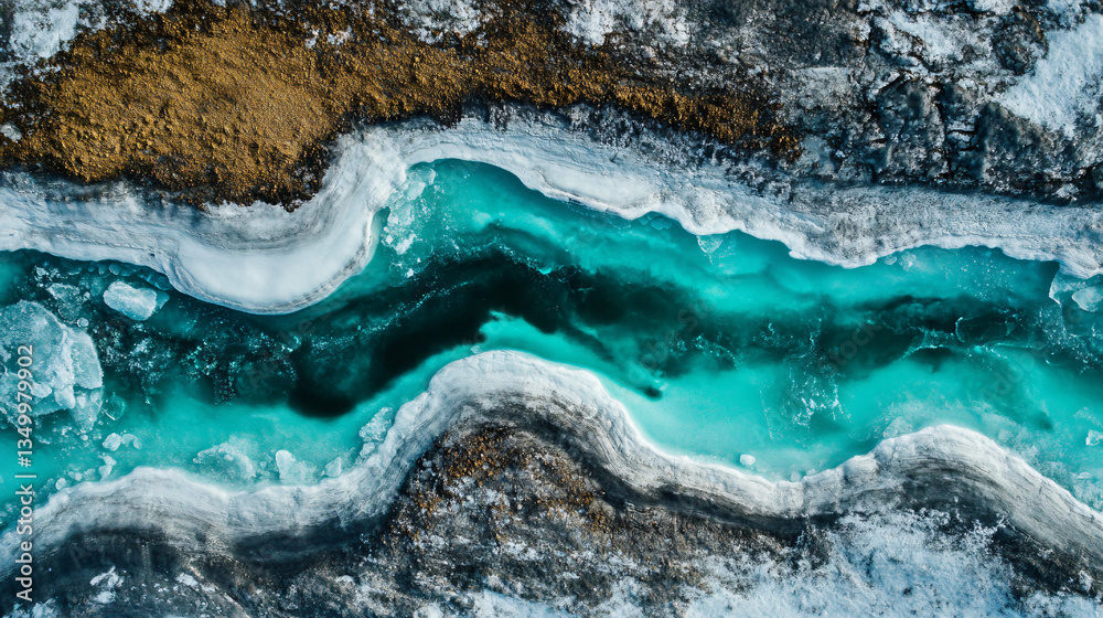 Fototapeta premium A scenic body of water featuring a brown substance reflecting under the midday sun with ice surfaces capturing natural beauty.