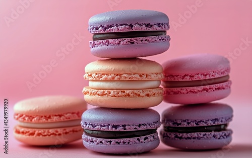 Vibrant Macarons Stacked Artfully Against a Soft Pink Backdrop in a Lively De...