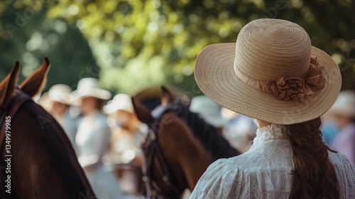 Spectators in Hats Watch Equestrian Event, Symbolizing Elegance, Tradition, and the Thrill of Horseback Riding Competitions photo