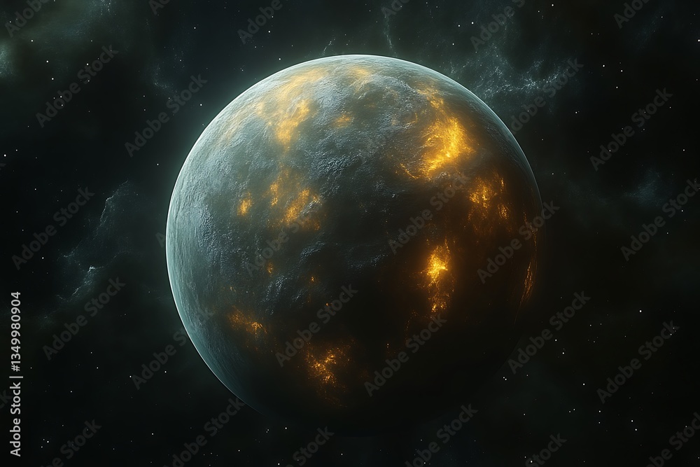 Fototapeta premium Glowing volcanic exoplanet in nebula.