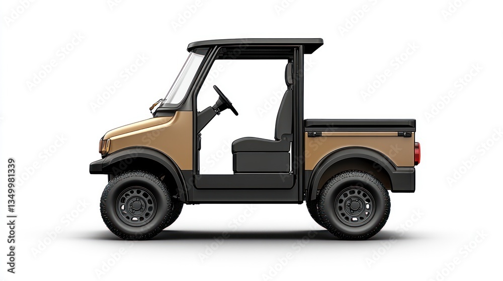 Fototapeta premium Side view of a compact, open-top utility vehicle with a pickup bed, isolated on white background.