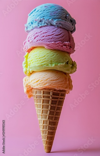 Delicious Three-Scoop Ice Cream Cone Showcasing Vibrant Flavors in a Colorful...
