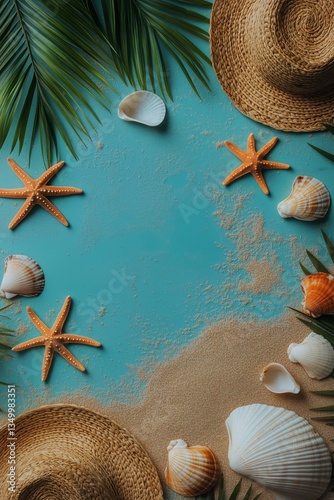 Summer Beach Accessories Arranged on a Blue Surface With Seashells and Starfish