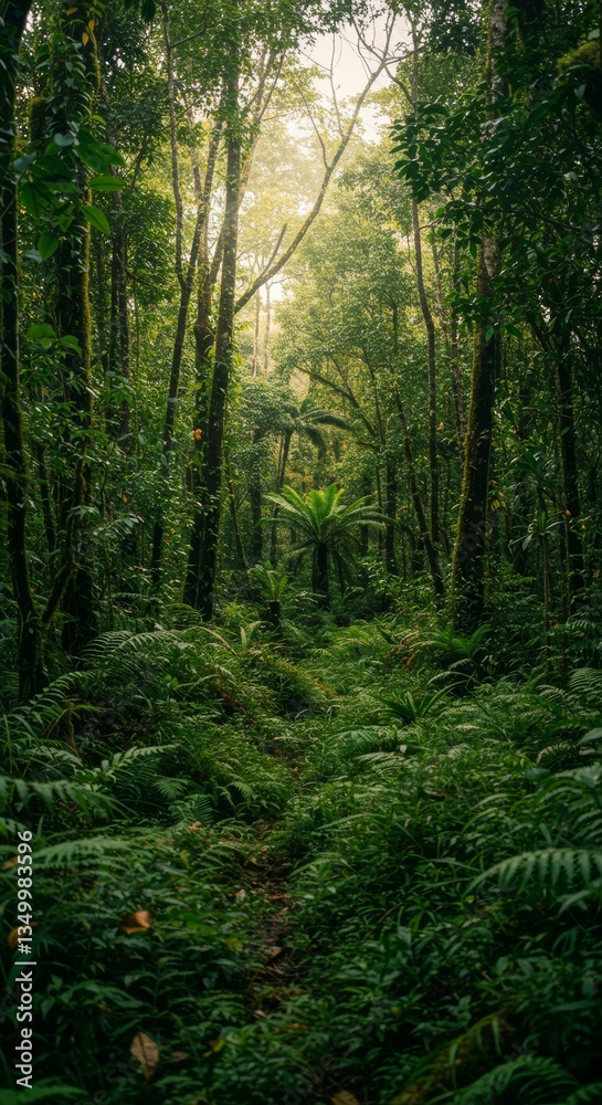 Fototapeta premium Lush rainforest landscape with verdant foliage and filtered sunlight view
