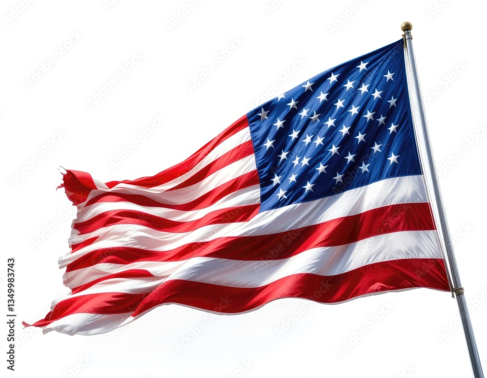 Obraz premium American Flag Waving Proudly on Pole Against White Background Symbol of Patriotism