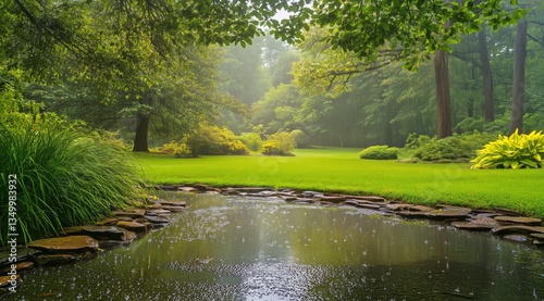 Lush Garden Drenched in Gentle Rain Creating Serene Reflections on Still Water