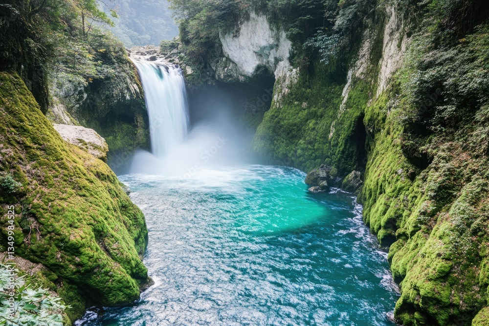 Fototapeta premium Lush green canyon with cascading waterfall into turquoise pool