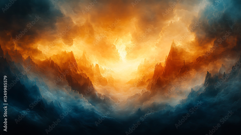 Naklejka premium A vast canyon of judgment suddenly forming, rebels scrambling to escape the endless depths, fire flickering from unseen depths below, Moses standing firm under divine light, dense smoke rising,