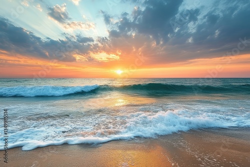 Majestic sunset over the ocean.  Waves gently crash on the shore at golden hour