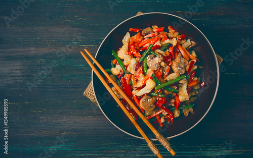 Wok, Asian-style vegetables, street food, mixed vegetables, no people, top view,