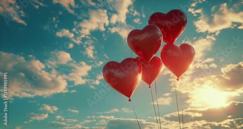 Colorful Heart-Shaped Balloons Float in the Evening Sky During a Beautiful Su...
