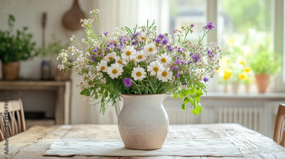 rustic dining setup, a cheerful farmhouse dining room with a ceramic jug of freshly picked wildflowers as the table centerpiece rustic dining setup, a cheerful farmhouse dining room with a ceramic jug of freshly picked wildflowers as the table centerpiece