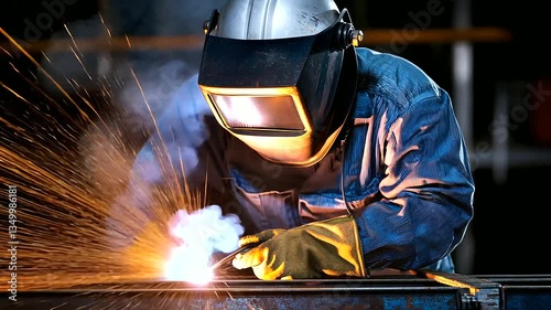 Skilled welder expertly crafting a steel frame under bright industrial lights.