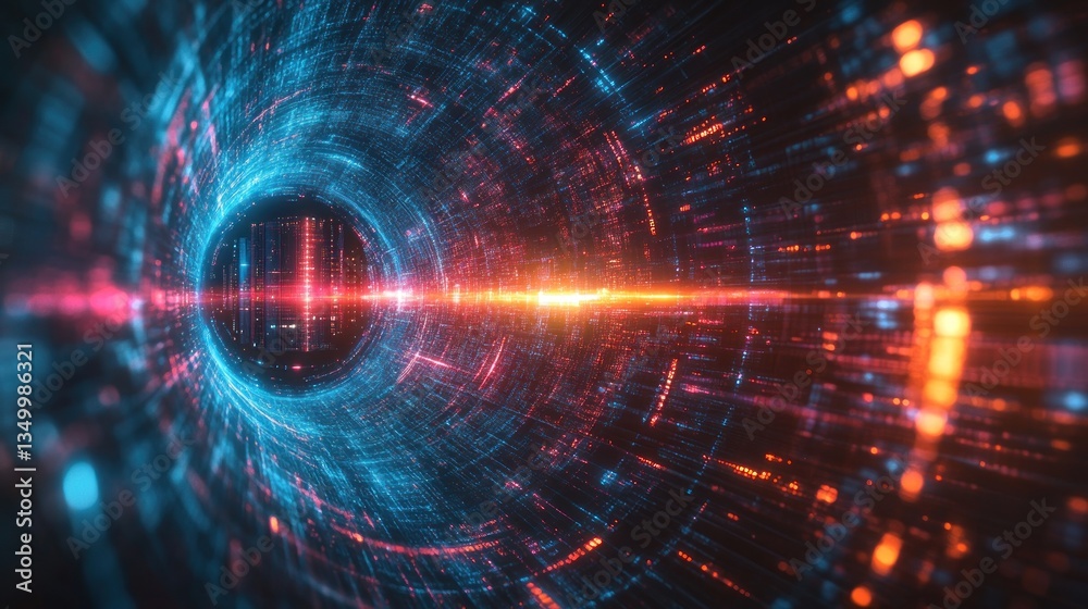 Obraz premium Abstract digital tunnel with glowing lines and particles, representing data flow or futuristic technology.