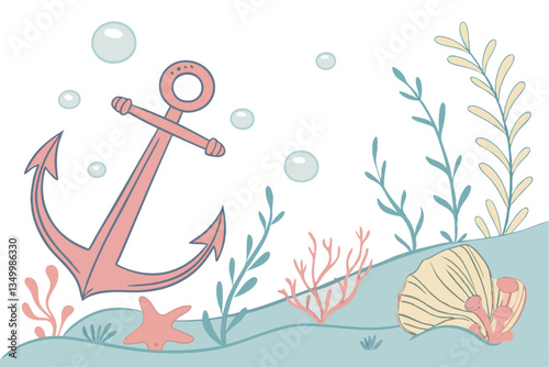 86 Watercolor nautical illustration, coral pink anchor, golden details, pastel underwater scene, seashells, coral, sea plants, bubbles, soft blue water, whimsical style, delicate brushstrokes, dreamy 