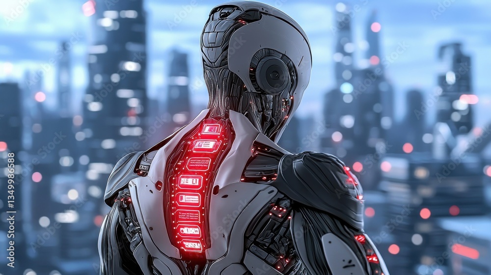 Futuristic humanoid robot wea sleek glowing wearable device with red lights showcased against vibrant tech-infused background Futuristic humanoid robot wea sleek glowing wearable device with red lights showcased against vibrant tech-infused background