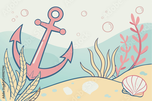 86 Watercolor nautical illustration, coral pink anchor, golden details, pastel underwater scene, seashells, coral, sea plants, bubbles, soft blue water, whimsical style, delicate brushstrokes, dreamy 