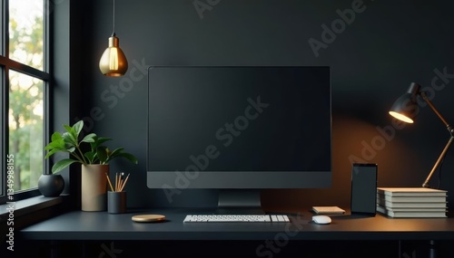 Wallpaper Mural Sleek black desk, gold accents, office supplies, blank space, stylish, dark Torontodigital.ca