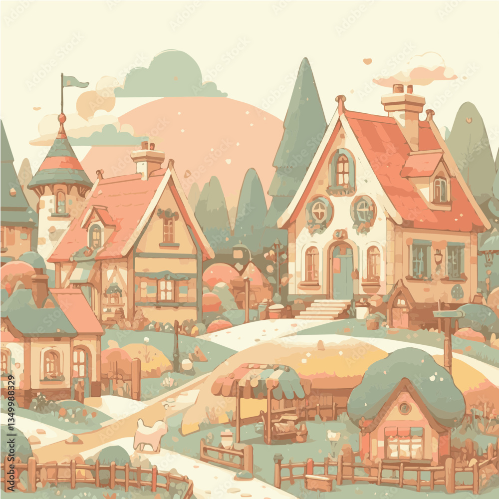 Naklejka premium Whimsical Village Scene in Soft Pastel Colors [with copy space]