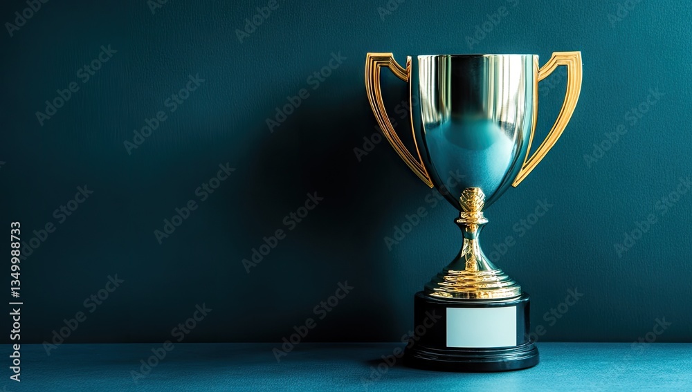 A gleaming silver trophy with gold accents sits on a dark blue surface against a matching backdrop A gleaming silver trophy with gold accents sits on a dark blue surface against a matching backdrop