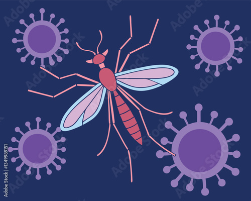 Mosquito carrying viruses, illustrating disease transmission and potential health risks. Stylized mosquito with virus particles, representing infection and the spread of illness.