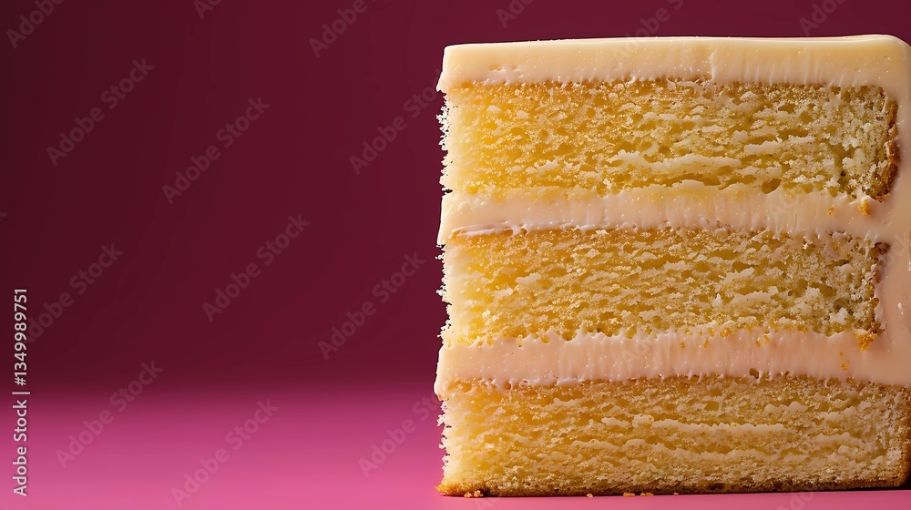 Fototapeta premium Moist lemon cake slice with smooth icing on a vibrant background during a dessert showcase Generative AI