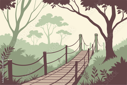 87 Watercolor painting, wooden suspension bridge, forest path, tranquil nature scene, misty atmosphere, soft green foliage, ethereal landscape, rope railings, vanishing point perspective, dreamy wilde