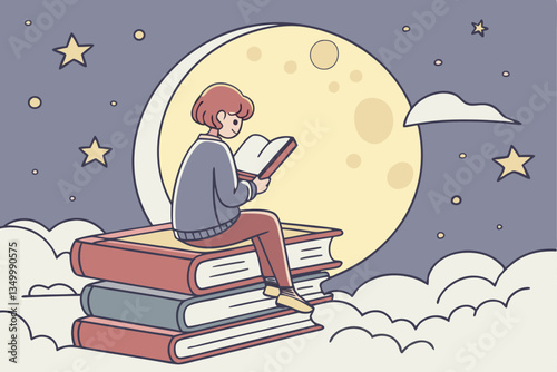 88 Whimsical illustration, child with red hair sitting on giant books, reading under starry night sky, glowing moon, dreamy clouds, magical atmosphere, soft pastel colors, children's book style, digit