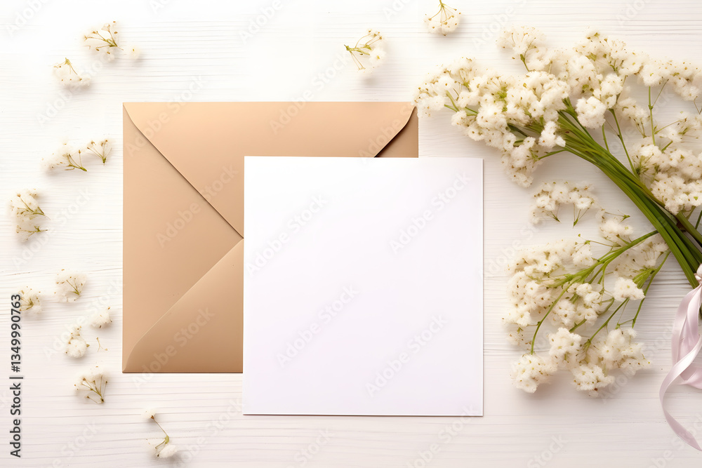 Elegant invitation mockup with blank card and envelope surrounded by daisies and delicate flowers, creating soft and inviting atmosphere
Elegant invitation mockup with blank card and envelope surrounded by daisies and delicate flowers, creating soft and inviting atmosphere