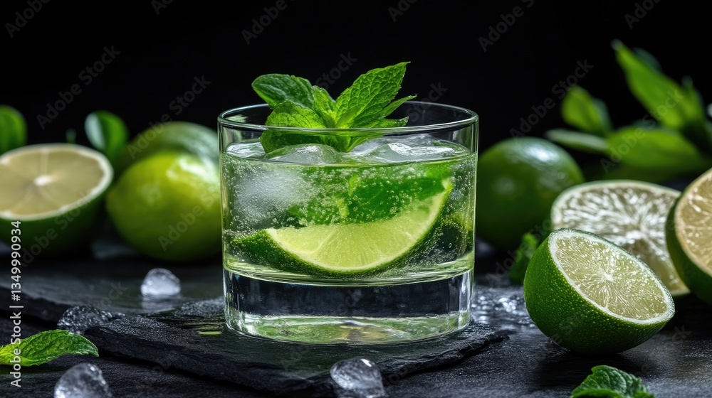 Fototapeta premium Refreshing lime and mint beverage in a glass (1)