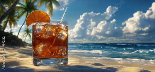 Refreshing Cocktail on Sandy Beach With Waves and Palm Trees Near Ocean Under...