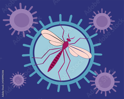 Mosquito carrying viruses, illustrating disease transmission and potential health risks. Stylized mosquito with virus particles, representing infection and the spread of illness.