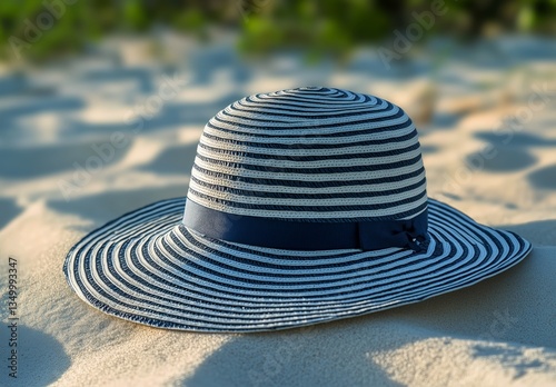 Stylish Striped Sun Hat Resting on Sandy Beach During Sunny Day