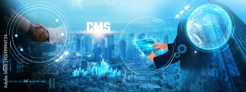 CMS (Content Management System): Businessman analyzing dynamic futuristic data and growth. Content creation, user experience, website optimization, data management, digital assets, content strategy photo