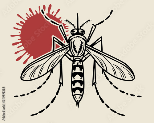 Mosquito drawing with blood splatter, representing disease, danger, and insect bites.