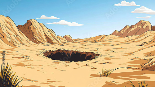 Desert landscape with golden sand dunes and dug pit in soil, cartoon vector illustration. Archeological excavations, treasures hunting concept. Empty space