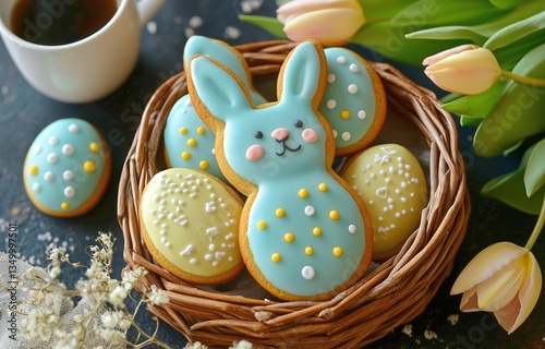 Sweet Bunny and Egg Cookies in a Basket Surrounded by Flowers and Coffee on t...