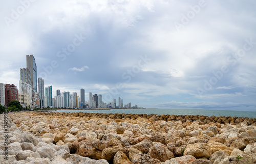 Panoramic view of Cartagena modern skyline and Rocky Coastline in Colombia. Bocagrande is a luxury and wealthy neighborhood, urban development for tourist.