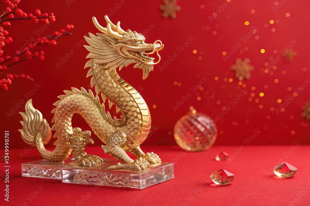 Fototapeta premium Golden Dragon Statue Symbolizing Prosperity for New Year