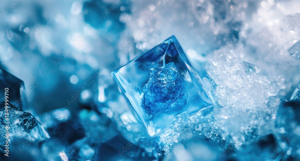 Close-up of vibrant blue crystals nestled within icy formations Close-up of vibrant blue crystals nestled within icy formations