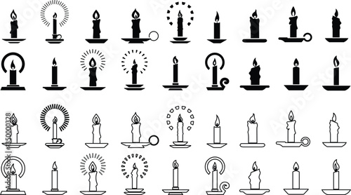 Candle icon in flat, line style set. isolated on transparent background