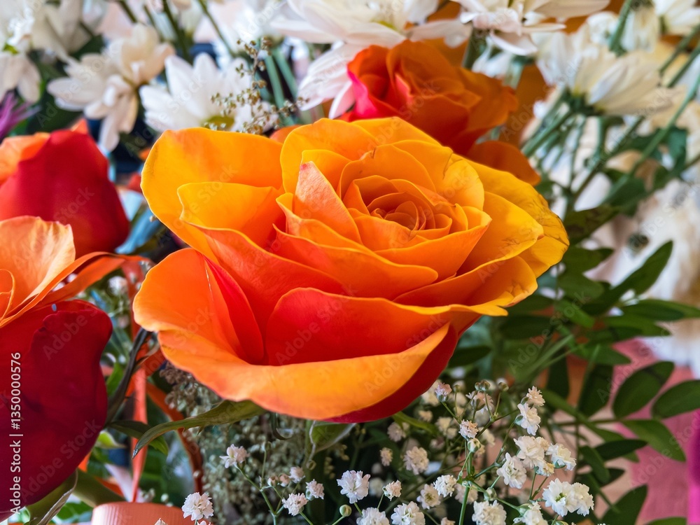 Bouquet with orange rosa foetida flower known as Austrian copper rose