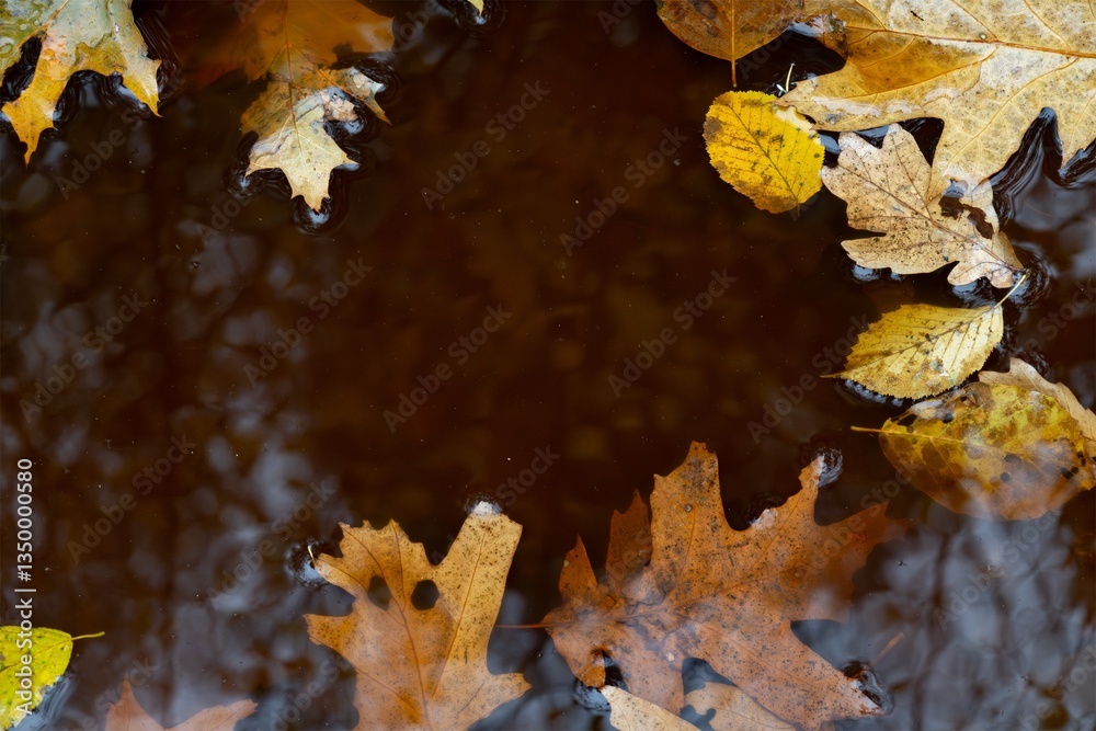 Water puddle in autumn with fallen leaves, copy space in middle
