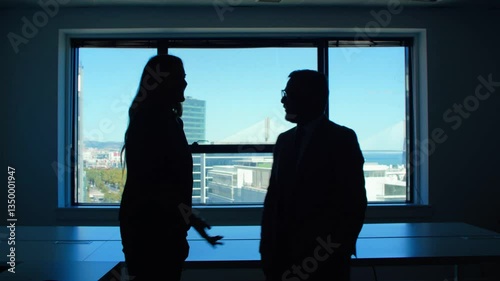 A full indoor shot of two silhouetted businessmen standing near a large window having a discussion.